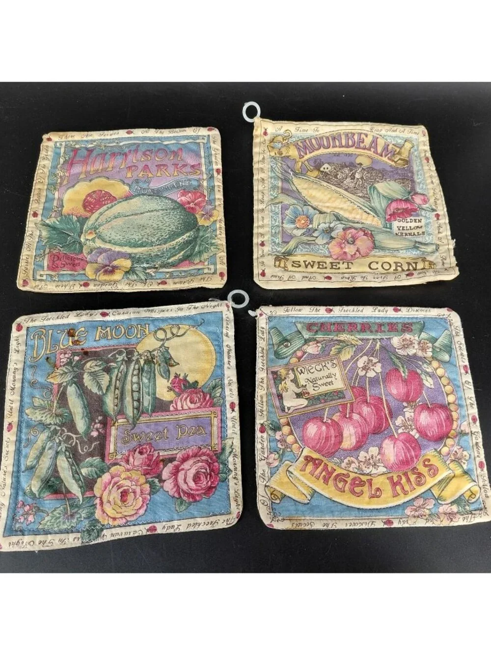 Set 4 Quilted Potholders Cotton Veggie Fruit Seed Packet Print Country Kitchen